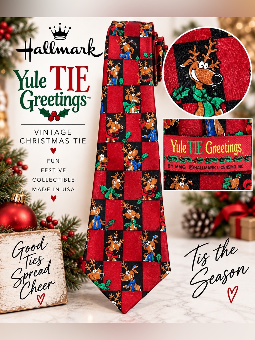 Vintage Hallmark Yule Tie Greetings Reindeer Christmas Tie Made in USA